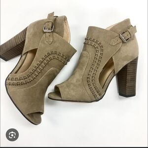 Cato taupe gray open toe booties with side buckle